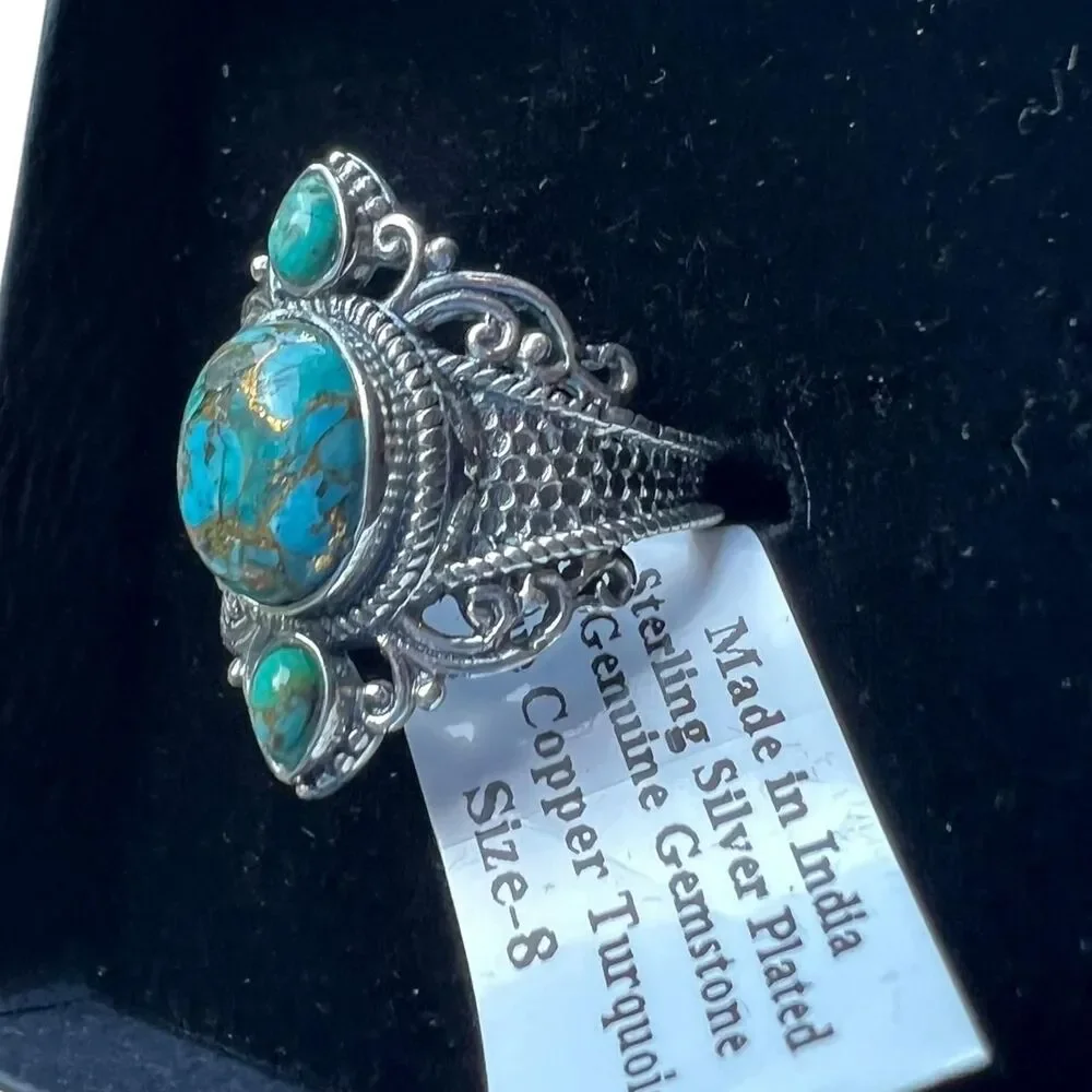 Vintage Blue Copper Turquoise Statement Ring – Size 8 - Sterling Silver Plated